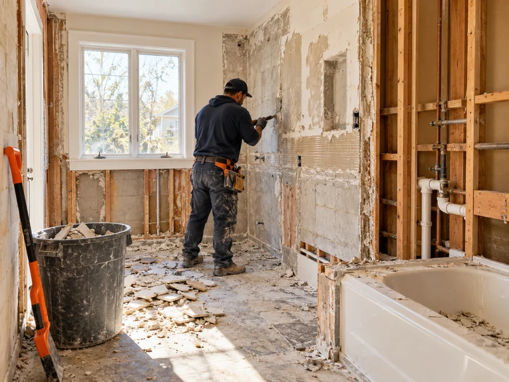 Bathroom demolition stage with old fixtures removed in a New York remodel