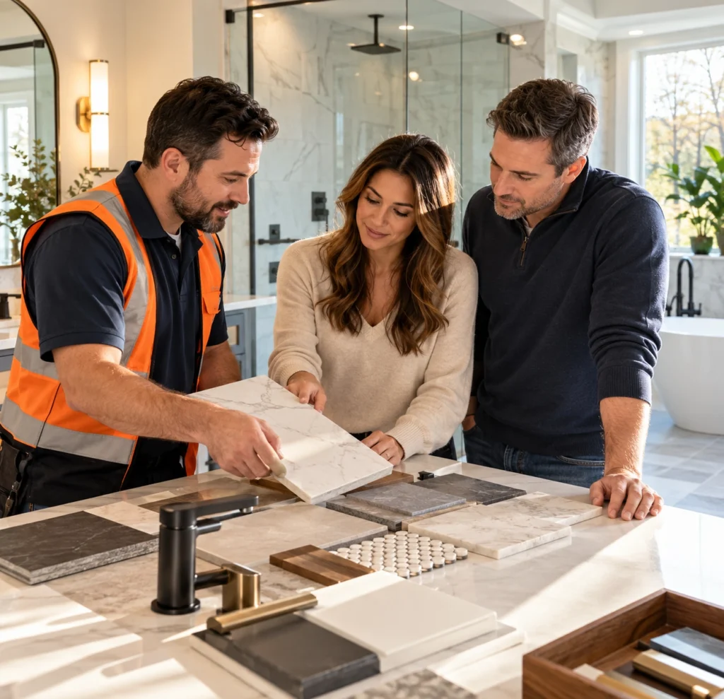 Homeowners reviewing bathroom tile and fixture samples with a contractor in New York