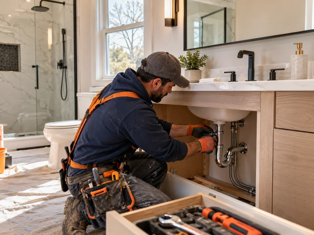 Worker fitting plumbing and a new vanity during a bathroom remodel in New York