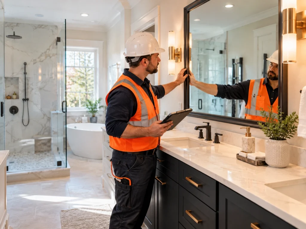 Contractor inspecting a finished bathroom remodel in New York