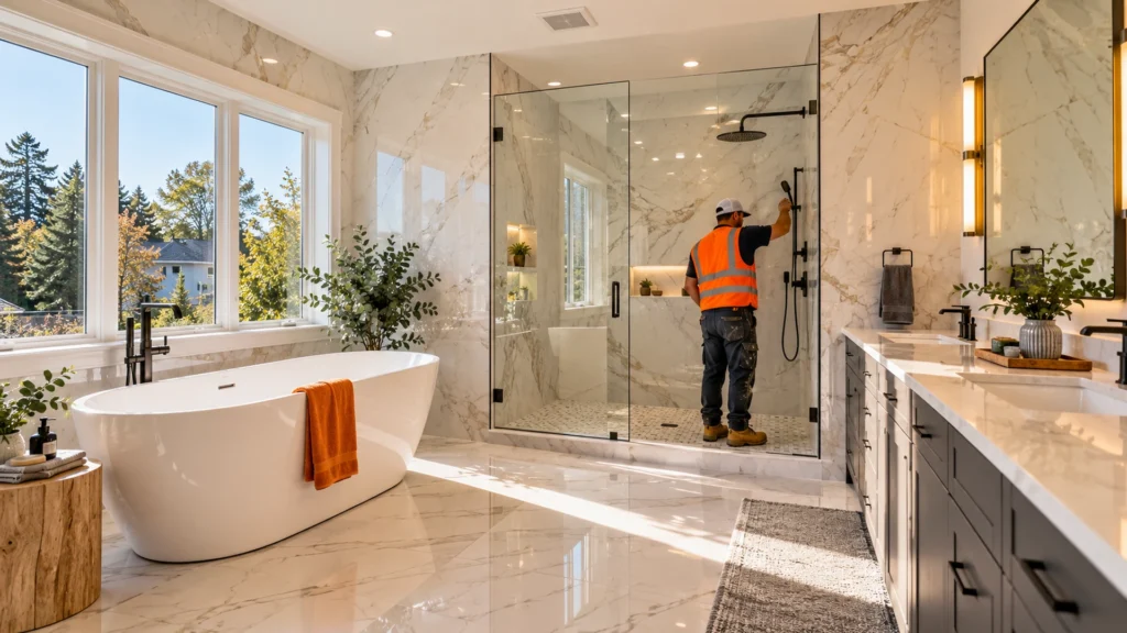 Spa-like bathroom remodel with a freestanding tub and glass shower in Scarsdale, NY by HAQ Contracting NY
