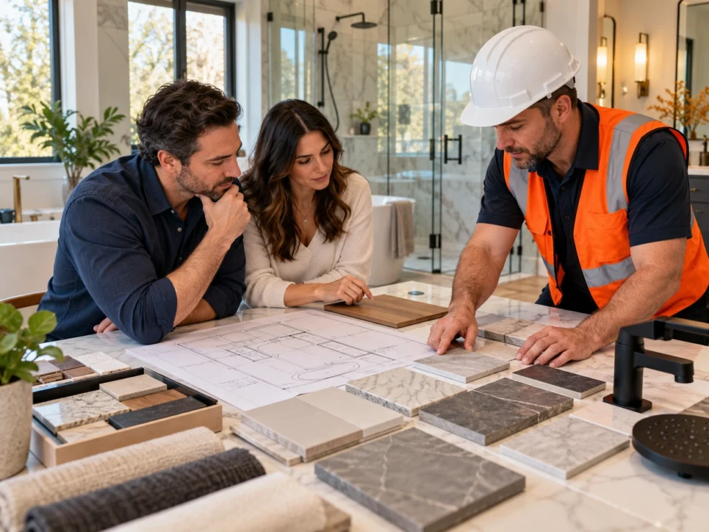 Bathroom renovation planning with sketches and tile samples in New York