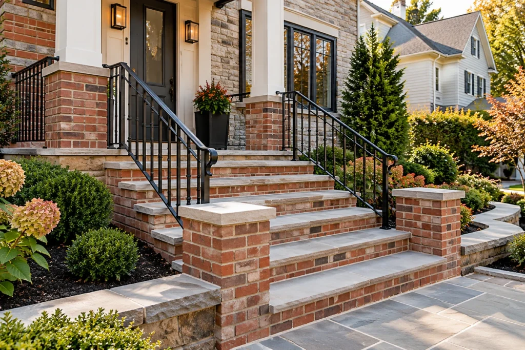 New brick stoop and steps with iron railings by HAQ Contracting NY in Westchester County