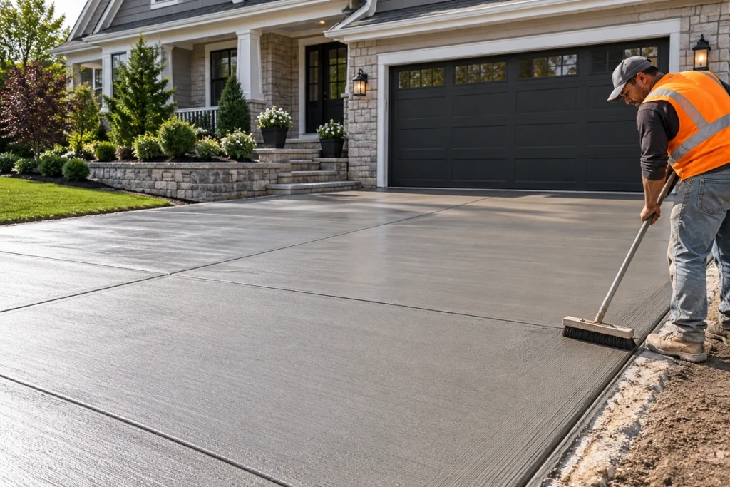 Worker broom-finishing a new concrete driveway in Scarsdale, NY