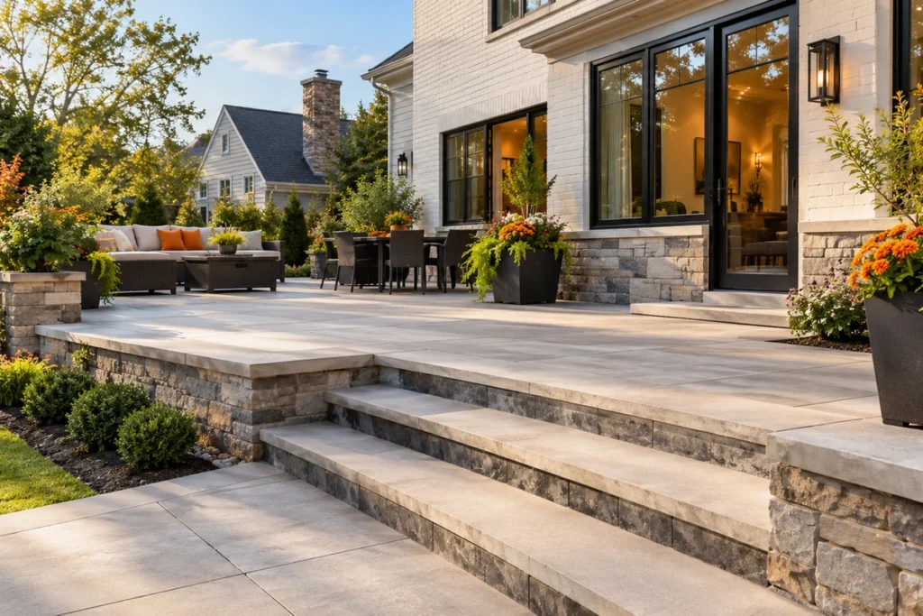 Finished concrete patio and steps beside a Westchester County home