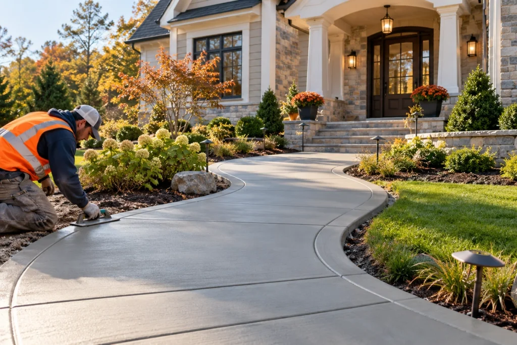 New curved concrete walkway through a landscaped front yard in New York