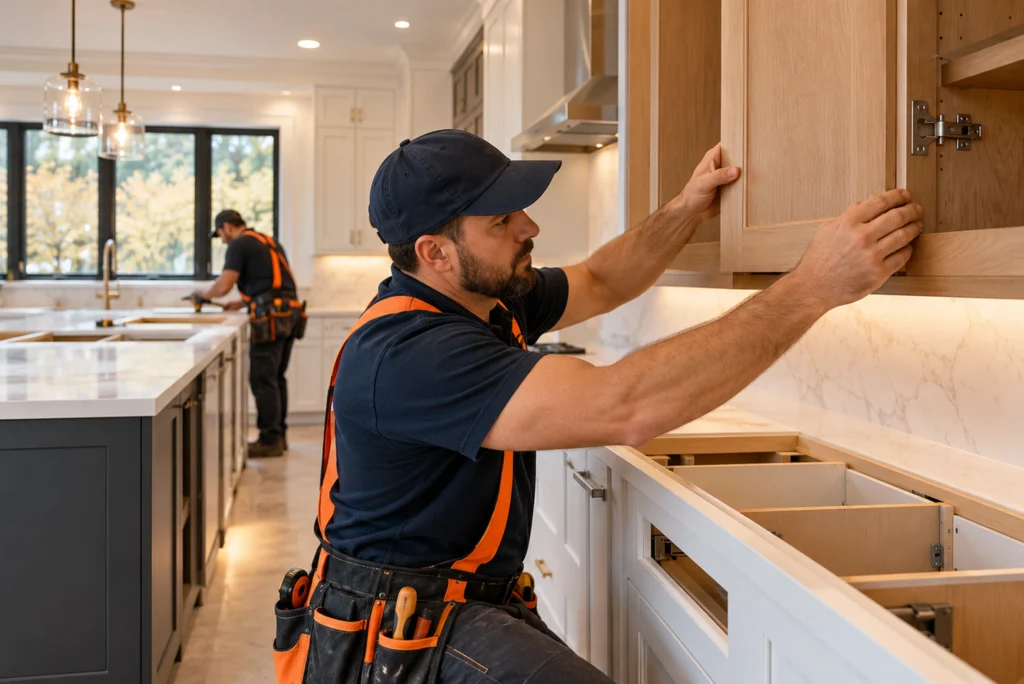 Craftsman fitting custom wooden kitchen cabinets in a New York home