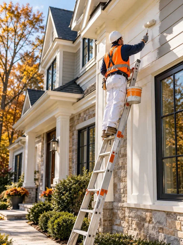 Painter on a ladder painting a home exterior in Scarsdale, NY