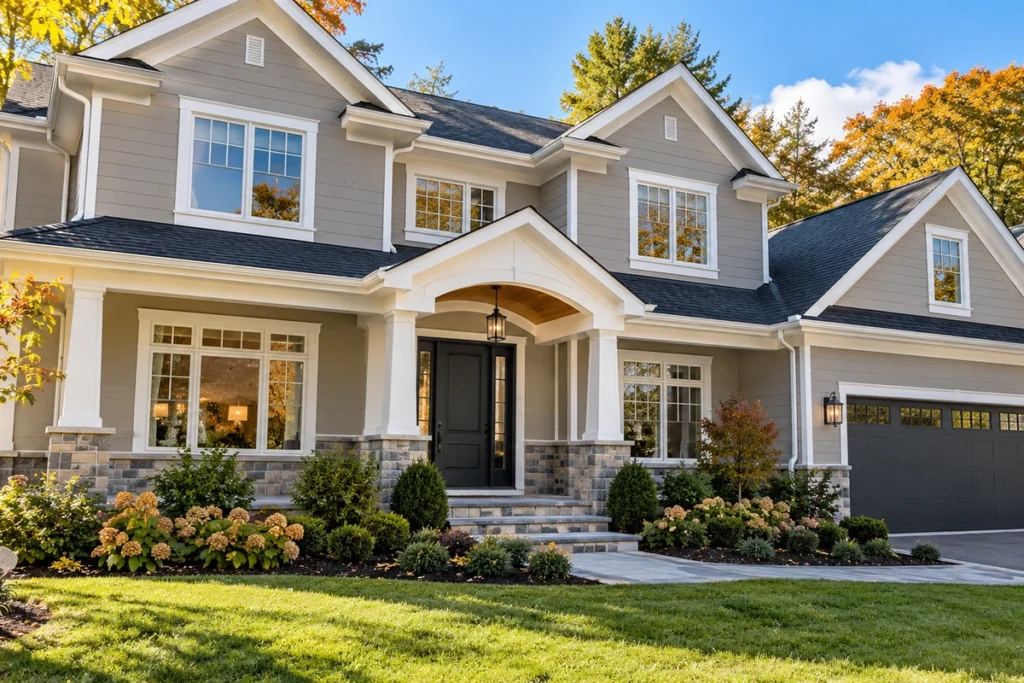 Freshly painted suburban home exterior in warm gray with white trim in New York