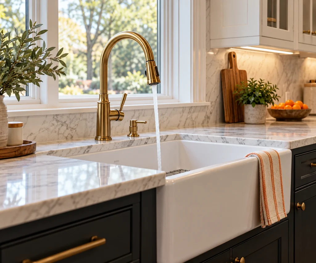 Farmhouse sink with a brass faucet and marble countertop in a New York kitchen