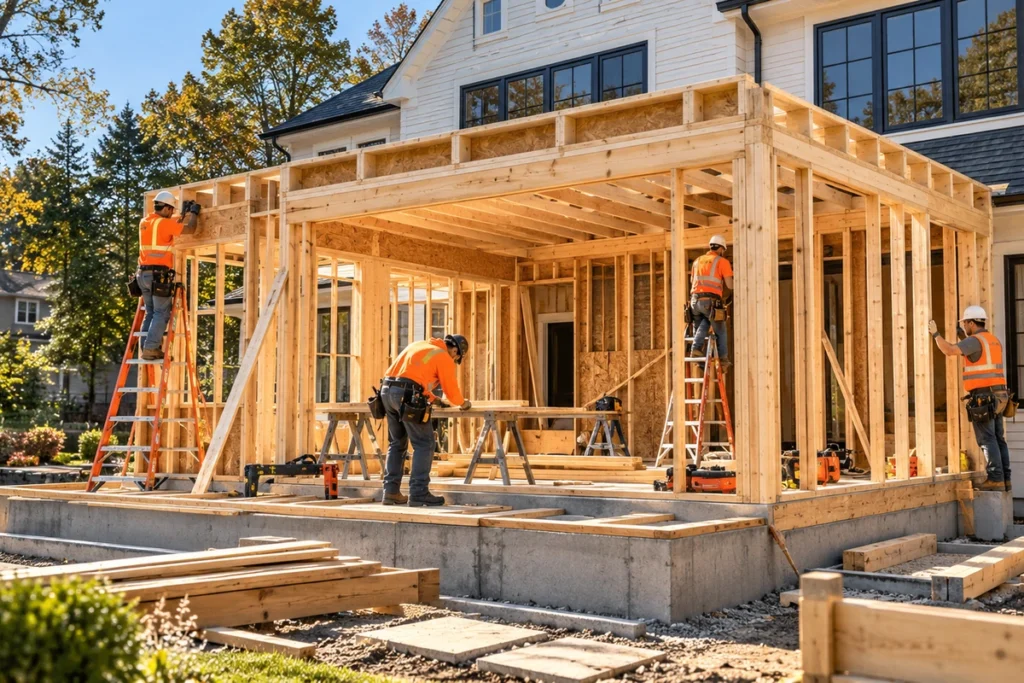 Workers framing a rear home addition during construction in New York
