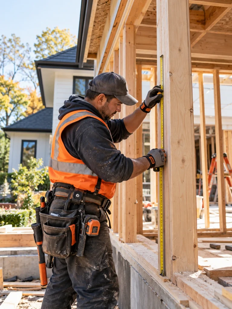 Crew member measuring a wooden frame on a home addition in New York