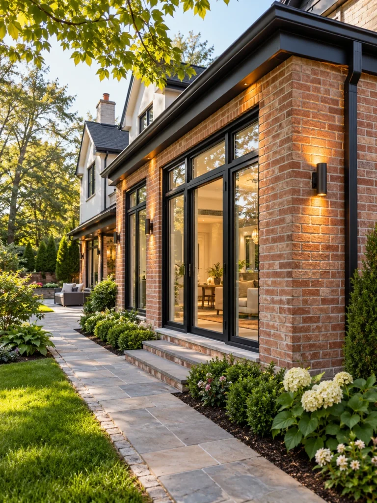 Finished home extension exterior detail with new brickwork and tall windows in New York