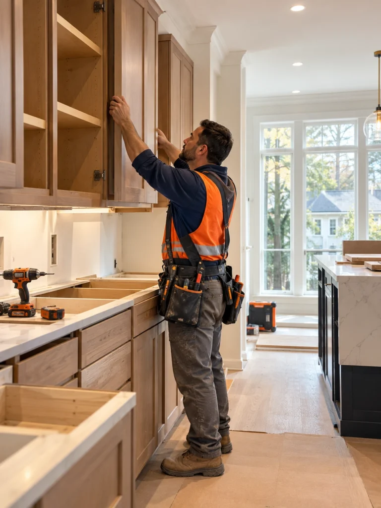 Craftsman fitting wooden kitchen cabinets inside a home extension in New York