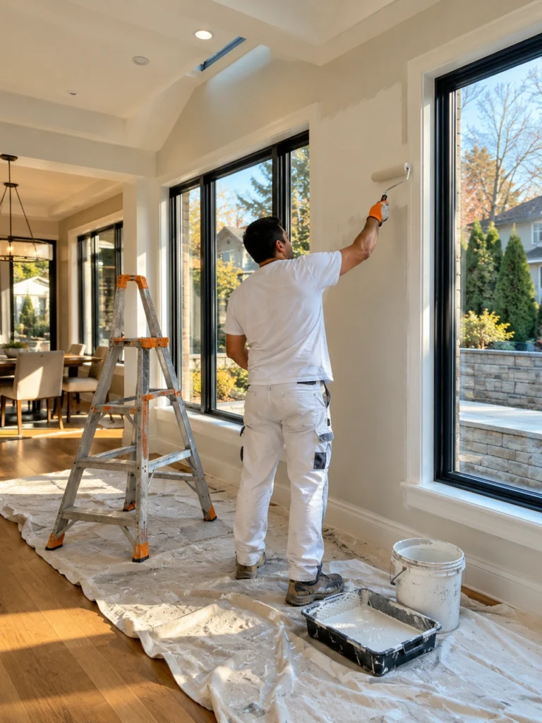Worker painting a wall inside a new home extension in New York