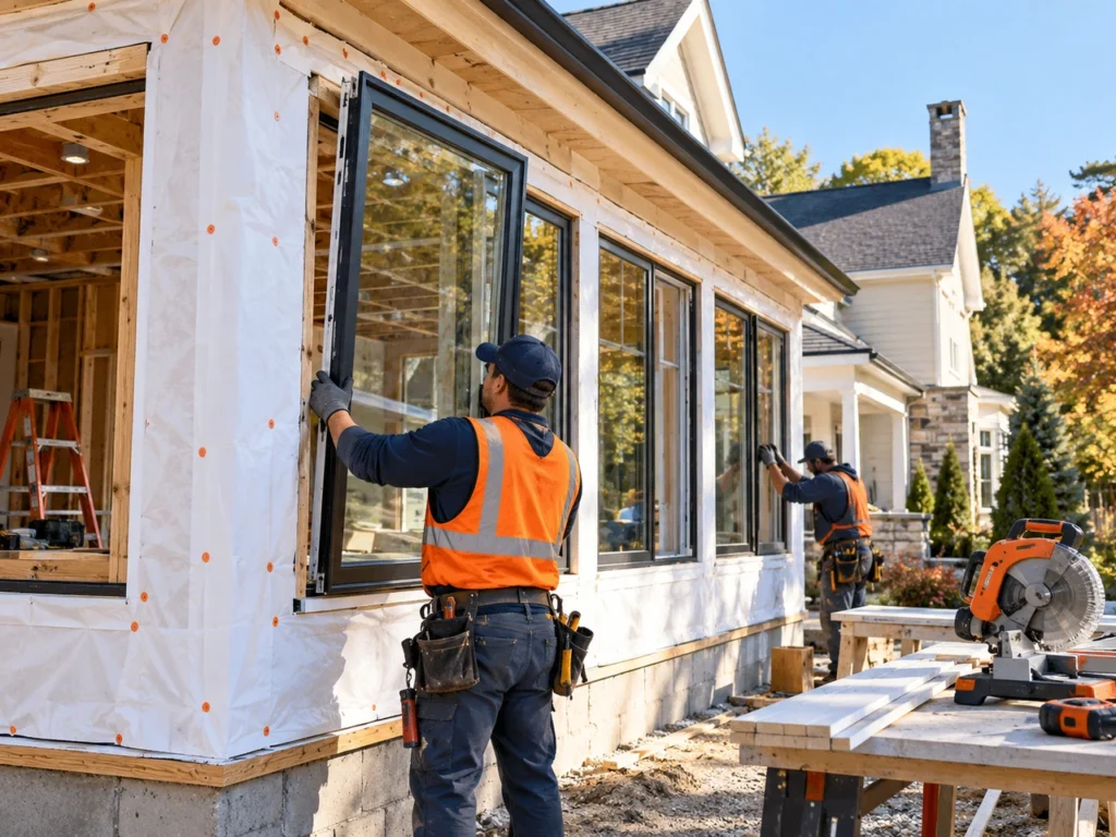 Worker installing windows in a new home extension in New York