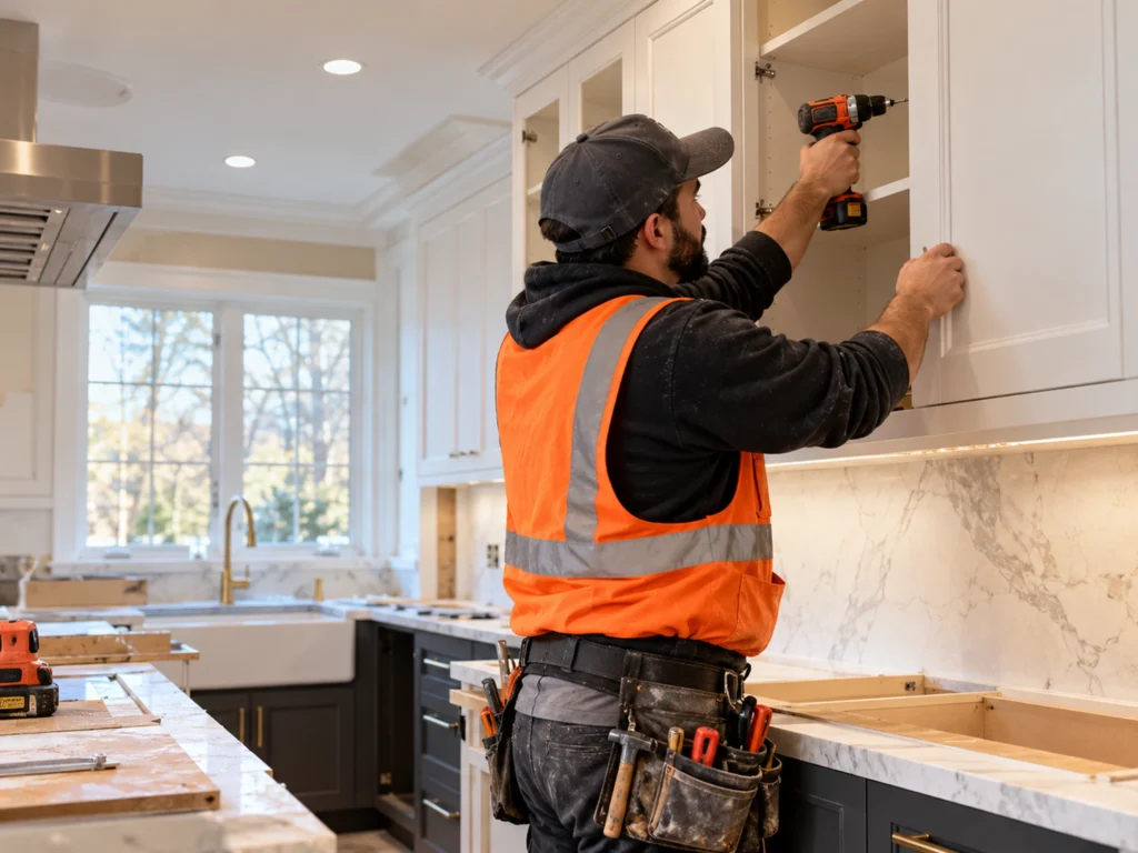 Worker securing an upper kitchen cabinet during installation in New York