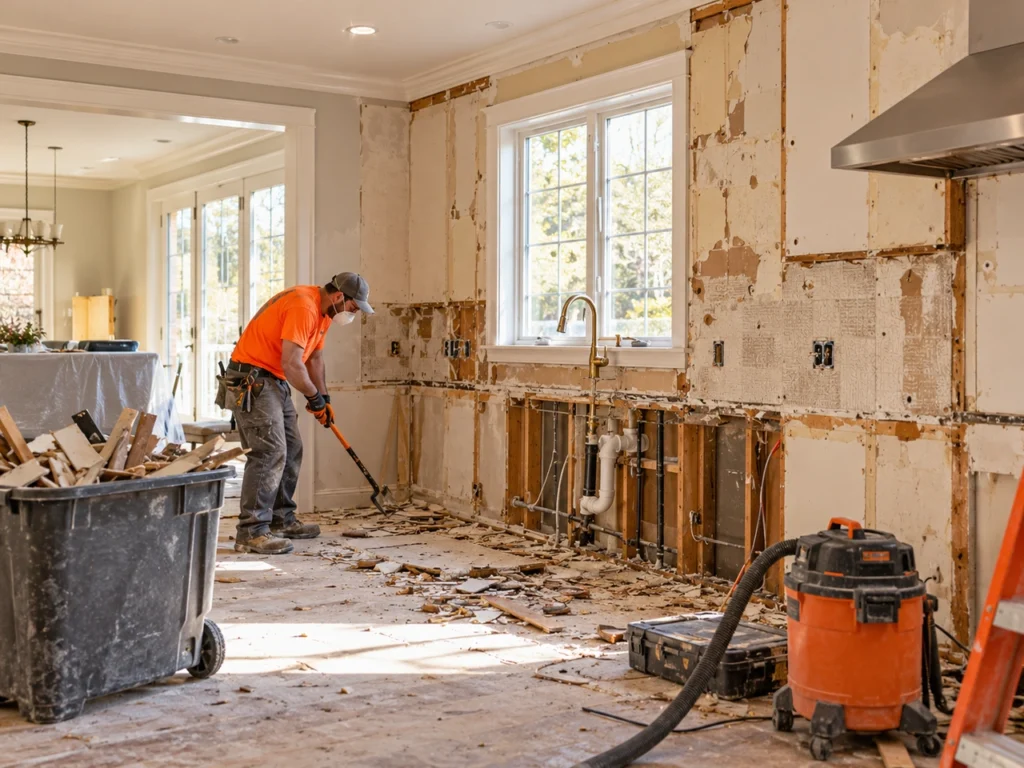 Kitchen demolition stage with old cabinets removed in a New York remodel