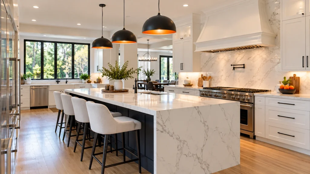 Bright white kitchen remodel with a marble island and pendant lights in Scarsdale, NY by HAQ Contracting NY