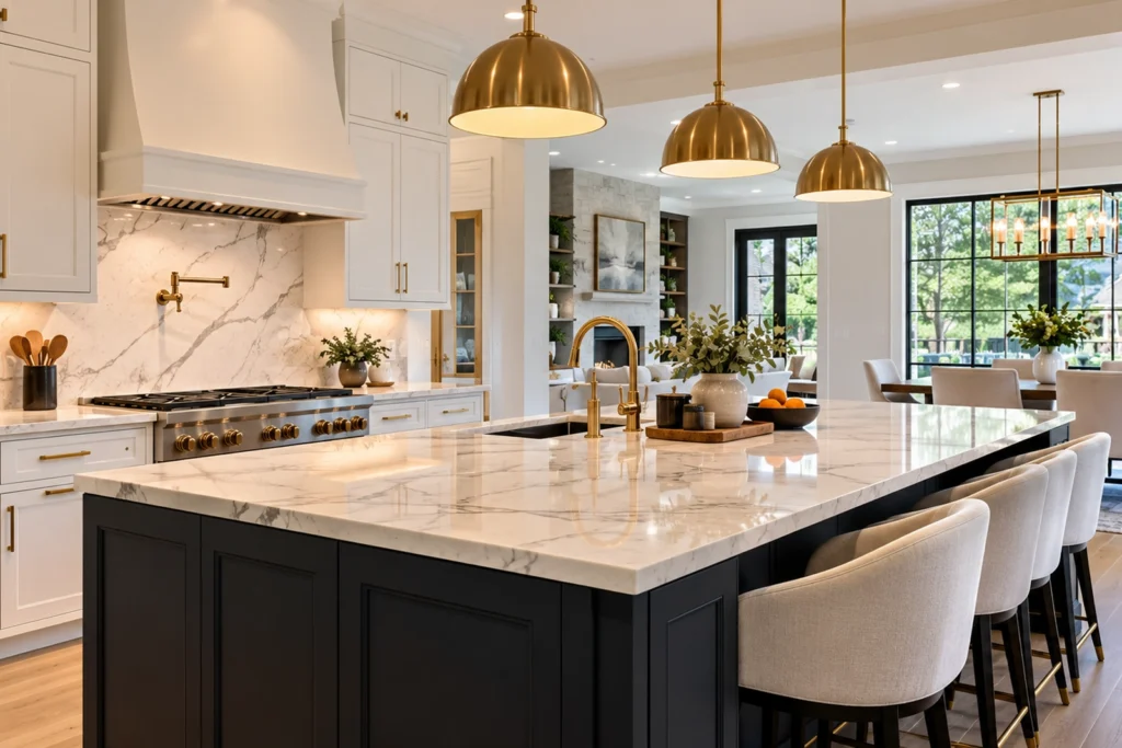 Finished kitchen remodel with marble island and brass fixtures in New York