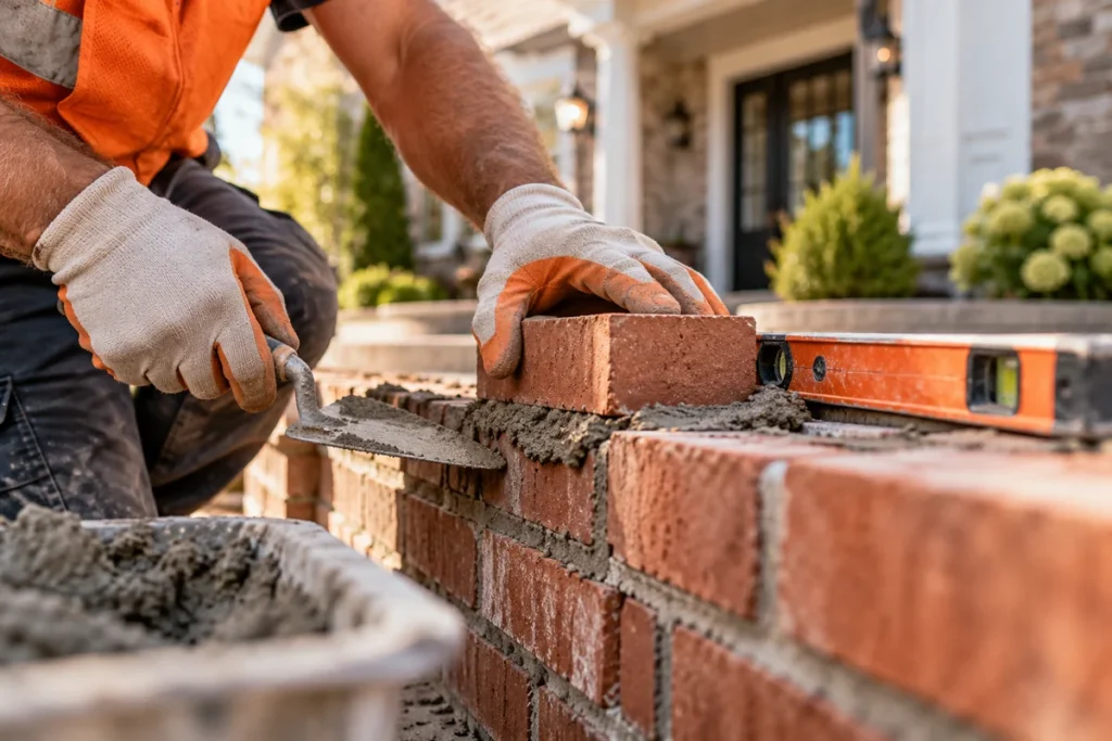 Mason laying brick with trowel and level — masonry craftsmanship in Westchester County, NY