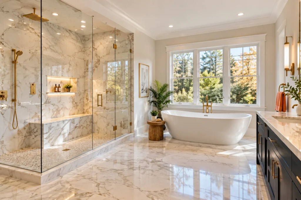 Spa-style remodeled bathroom with walk-in shower and soaking tub in Westchester County, NY