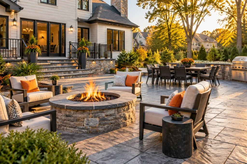 Stamped concrete patio with stone fire pit behind a Westchester County home