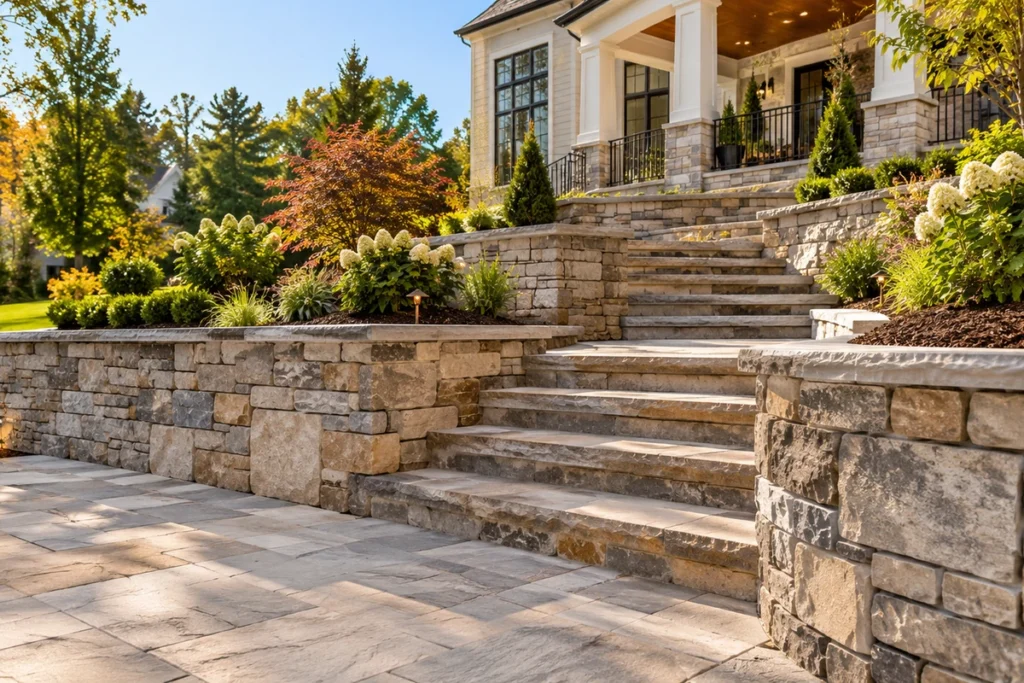 Natural stone retaining wall with garden steps built by HAQ Contracting NY