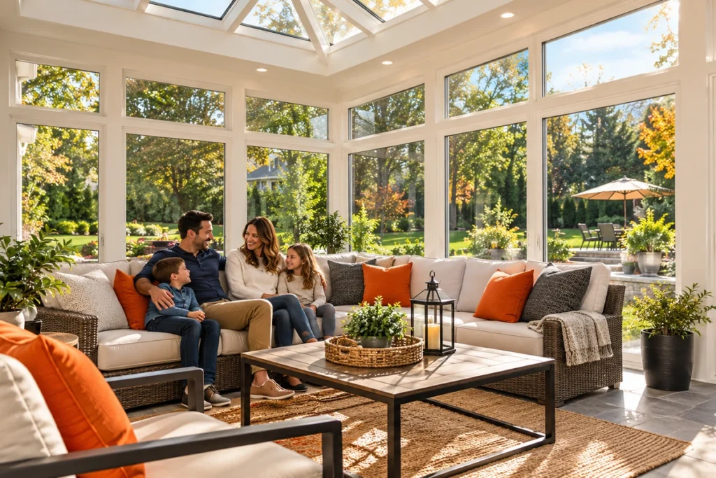 Family relaxing in a bright sunroom home extension built by HAQ Contracting NY