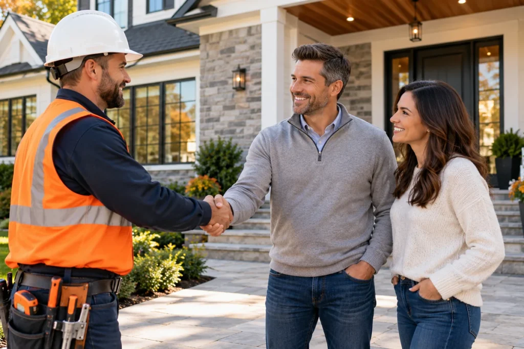 Contractor shaking hands with homeowners in front of their completed remodeled home in New York