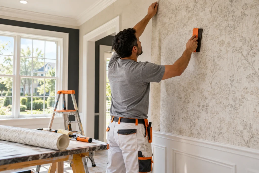 Wallpaper installation in a Scarsdale, NY home